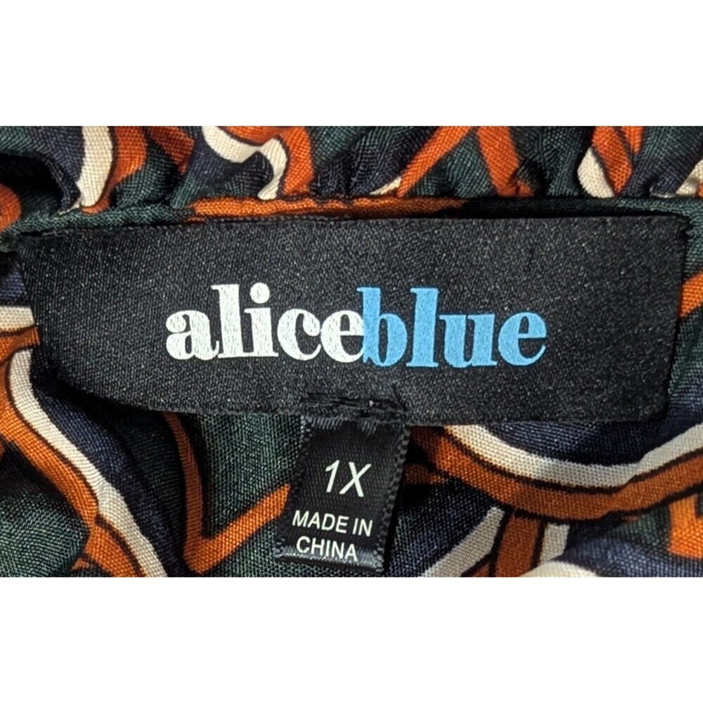 Alice Blue Scallop Print Blouse Ruffle Shoulder Button Front Tie Neck Top 1X - Picture 7 of 9